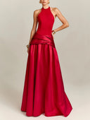 Elegant Halter Top & Draped Satin Maxi Skirt Two-Piece Set