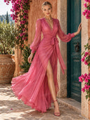 Elegant Pearl-Embellished Chiffon V-Neck Tie-Waist Maxi Dress