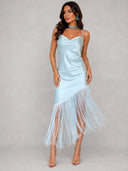 Elegant Ivory Fringe Cowl Neck Midi Dress