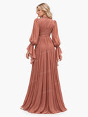 Elegant Pleated Flowy Long-Sleived Maxi Dress