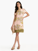 Elegant Printed Feather-Trim Fringe Hem Satin Mini Dress