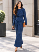 Boat Neck Pleated Slim Fit Maxi Dress
