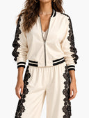 Casual Contrast Lace Bomber Jacket & Wide Leg Pants Two Piece Set