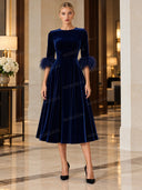 Elegant Velvet Feather Cuff Midi Dress