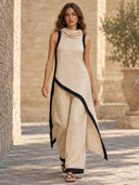 Color Contrast Design Irregular Hem Top And Wide Leg Pants Set