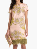 Elegant Printed Feather-Trim Fringe Hem Satin Mini Dress