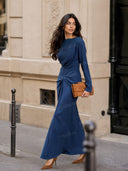 Boat Neck Pleated Slim Fit Maxi Dress