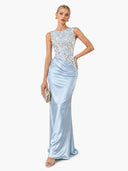 Elegant Blue Embroidery Satin Crew Neck Sleeveless Sheath Maxi Dress