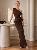 Elegant Shimmer Mesh One-Shoulder Mermaid Maxi Dress