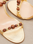Wood Beaded Ankle-Wrap Stiletto Heeled Sandals
