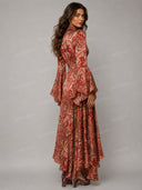 Elegant Paisley Print Flare Sleeve Asymmetric Maxi Dress