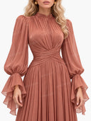 Elegant Pleated Flowy Long-Sleived Maxi Dress