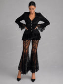 Elegant Lace Trim Blazer Top & Flared Lace Pants Two-Piece Set