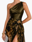 Elegant Floral Print One-Shoulder Slit Maxi Dress