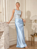Elegant Blue Embroidery Satin Crew Neck Sleeveless Sheath Maxi Dress