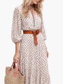 Unique Pattern Print V-Neck Simple Belt Midi Dress