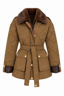 Quilted Faux Fur Collar Belted Jacket