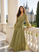 Elegant V-Neck Feather Cuff Flowing Chiffon Maxi Dress