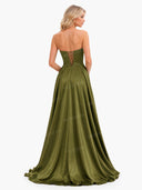Elegant Strapless Pleated High-Slit Satin Maxi Dress