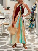 Bohemian Colorblock Stripe Halter Maxi Dress