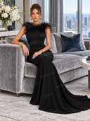 Elegant Feather Trim Mermaid Evening Maxi Dress