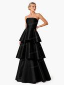 Elegant Strapless Tiered Ruffle Satin Maxi Dress