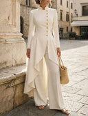 Elegant Mandarin Collar High-Low Jacket & Pants Two Piece Set