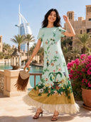 Retro Chic Printed Feather Trim Maxi Dress