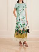 Retro Chic Printed Feather Trim Maxi Dress