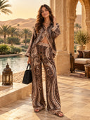 Retro Paisley Print Satin Shirt & Wide-Leg Pants Two-Piece Set