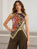 Unique Retro Floral Print Tassel Vest Two-Piece Set