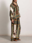 Retro Equestrian Print Shirt & Wide-Leg Pants Two-Piece Set