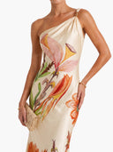 Elegant One-Shoulder Floral Print Satin Maxi Dress