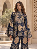 Retro Baroque Print High Neck Batwing Sleeve Two-Piece Set