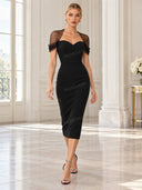 Elegant Sweetheart Neck Mesh Sleeve Bodycon Midi Dress