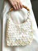 Bamboo Handle Pearl Shell Disc Hobo Bag