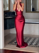 Elegant halter backless satin maxi dress