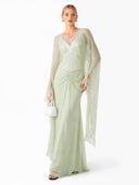 Elegant Lace-Trim Cape Sleeve Ruched Maxi Dress