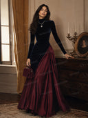 Elegant Velvet Satin Color-blocked Maxi Dress