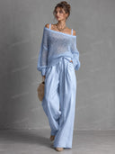 Open Knit Sweater & Wide Leg Pants Set