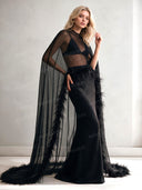 Elegant Sheer Feather Trim Top & Mermaid Maxi Skirt Two-Piece Set