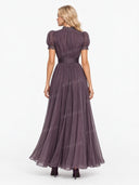 Elegant Lace Trim Pleated Chiffon Maxi Dress