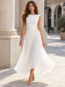 Elegant Pleated Skirt Waist Ruched Midi Dress