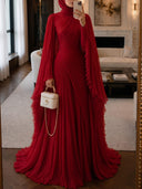 Elegant Pleated High-Neck Cape Sleeve Chiffon Maxi Dress