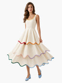 Elegant Color Trim Tiered Ruffle Sleeveless Maxi Dress