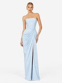 Strapless Pleated Slit Maxi Dress
