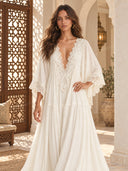 Elegant Batwing Sleeve Lace Flowy Maxi Dress