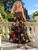 Exquisite Strapless Lace-Trimmed Printed Pleated Midi Dress