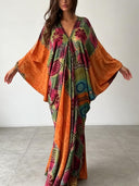 Retro Bohemian Floral Print V-Neck Kaftan Maxi Dress