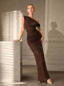Elegant Shimmer Mesh One-Shoulder Mermaid Maxi Dress